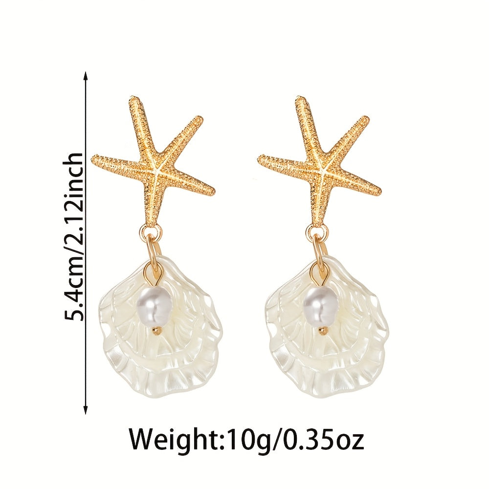 Gold Starfish Drop Earrings with Iridescent Seashell