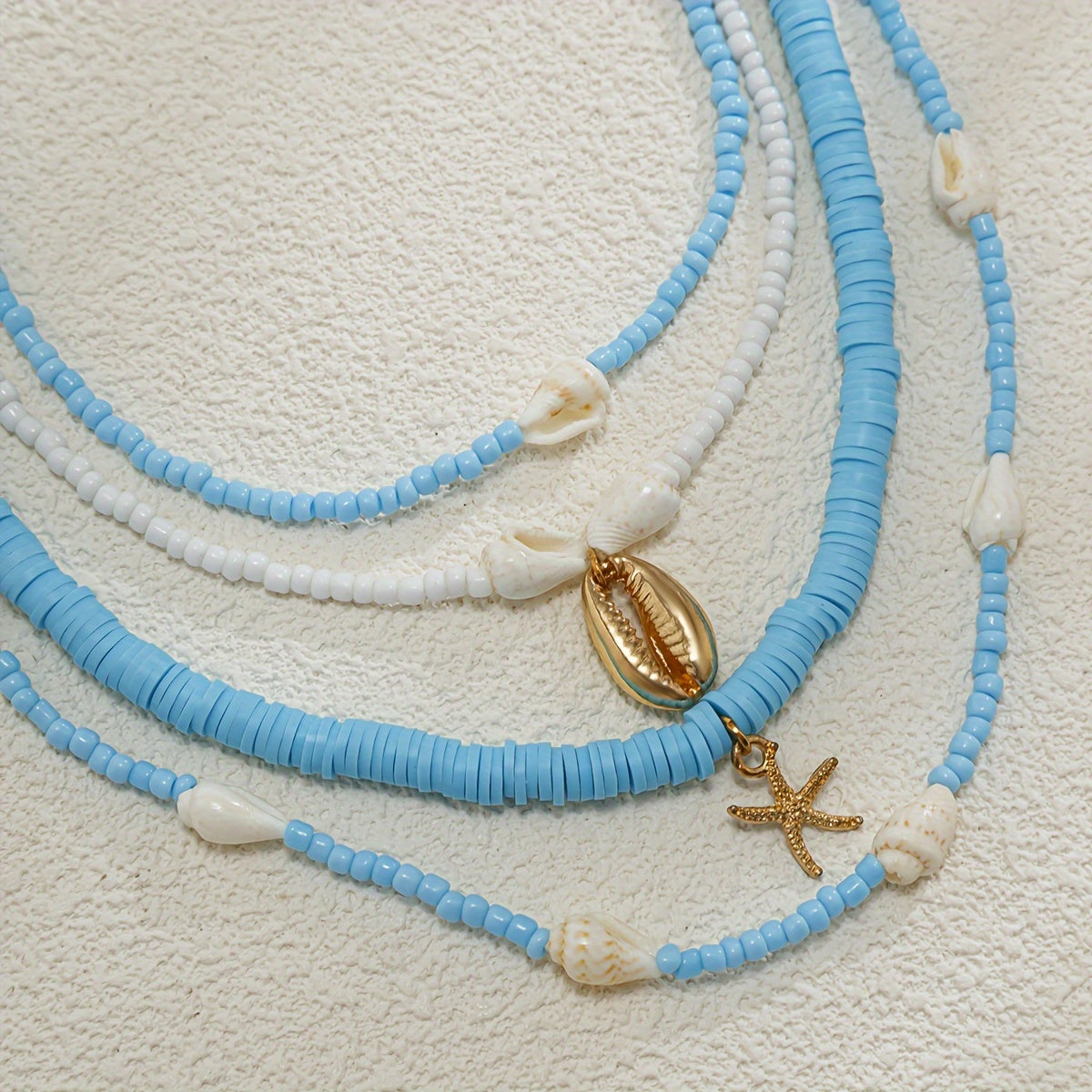 Beachy Blue Layered Necklace with Seashells & Starfish