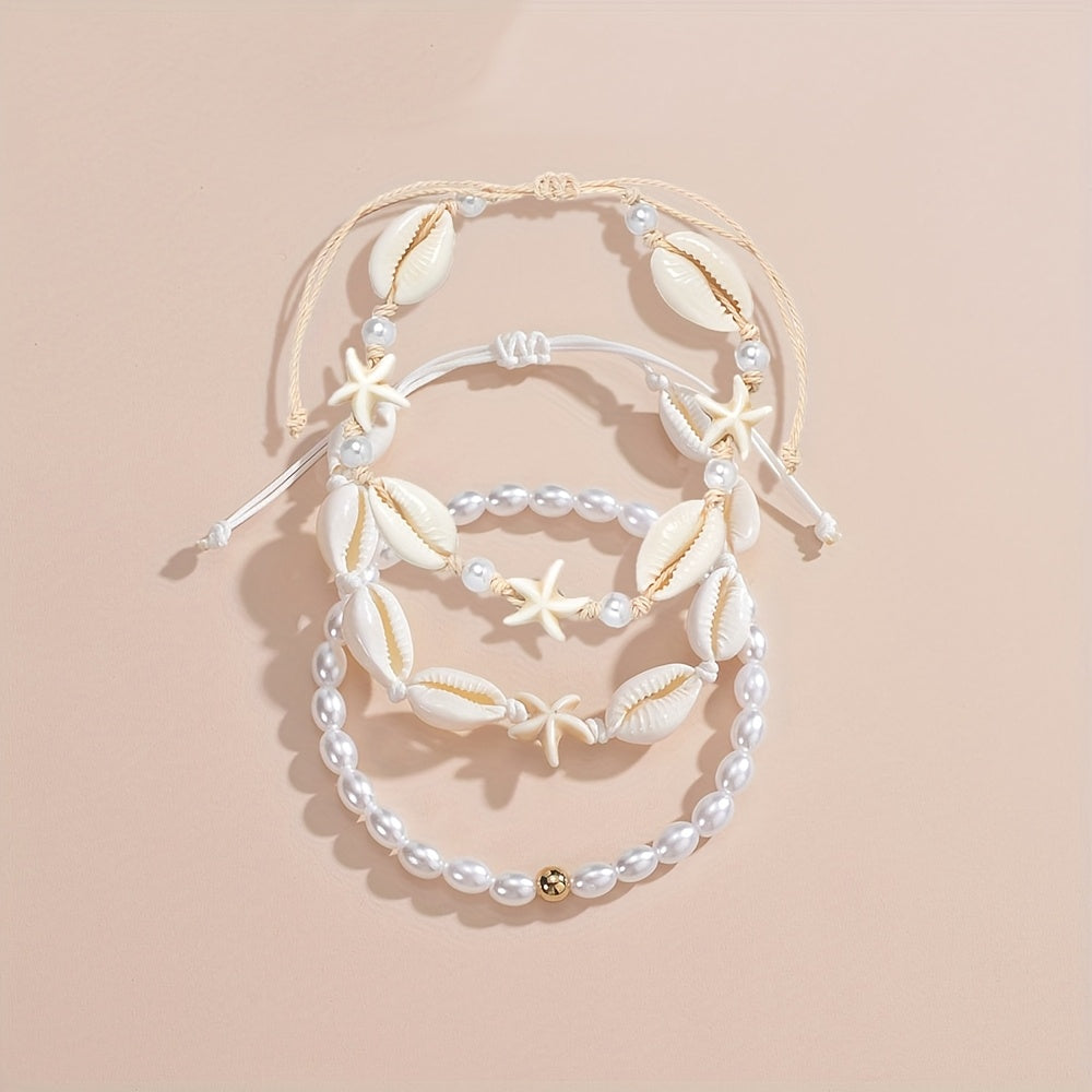 Bohemian Layered White Shell and Pearl Anklets