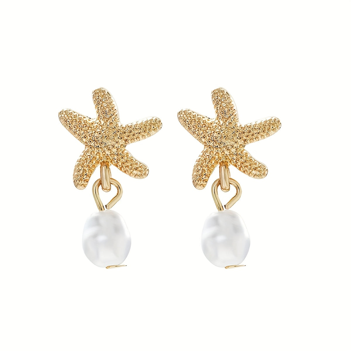 Gold Starfish Pearl Drop Dangle Earrings