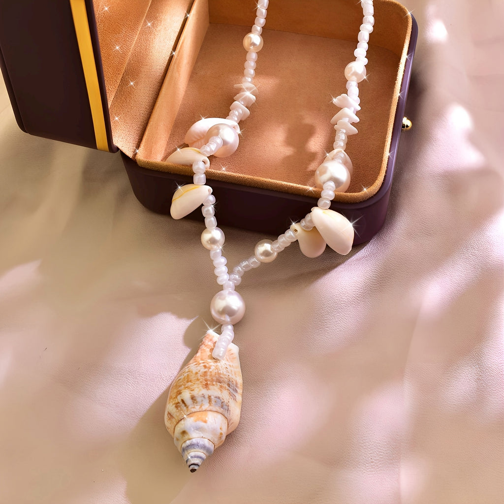 Bohemian Pearl and Shell Necklace with Conch Pendant