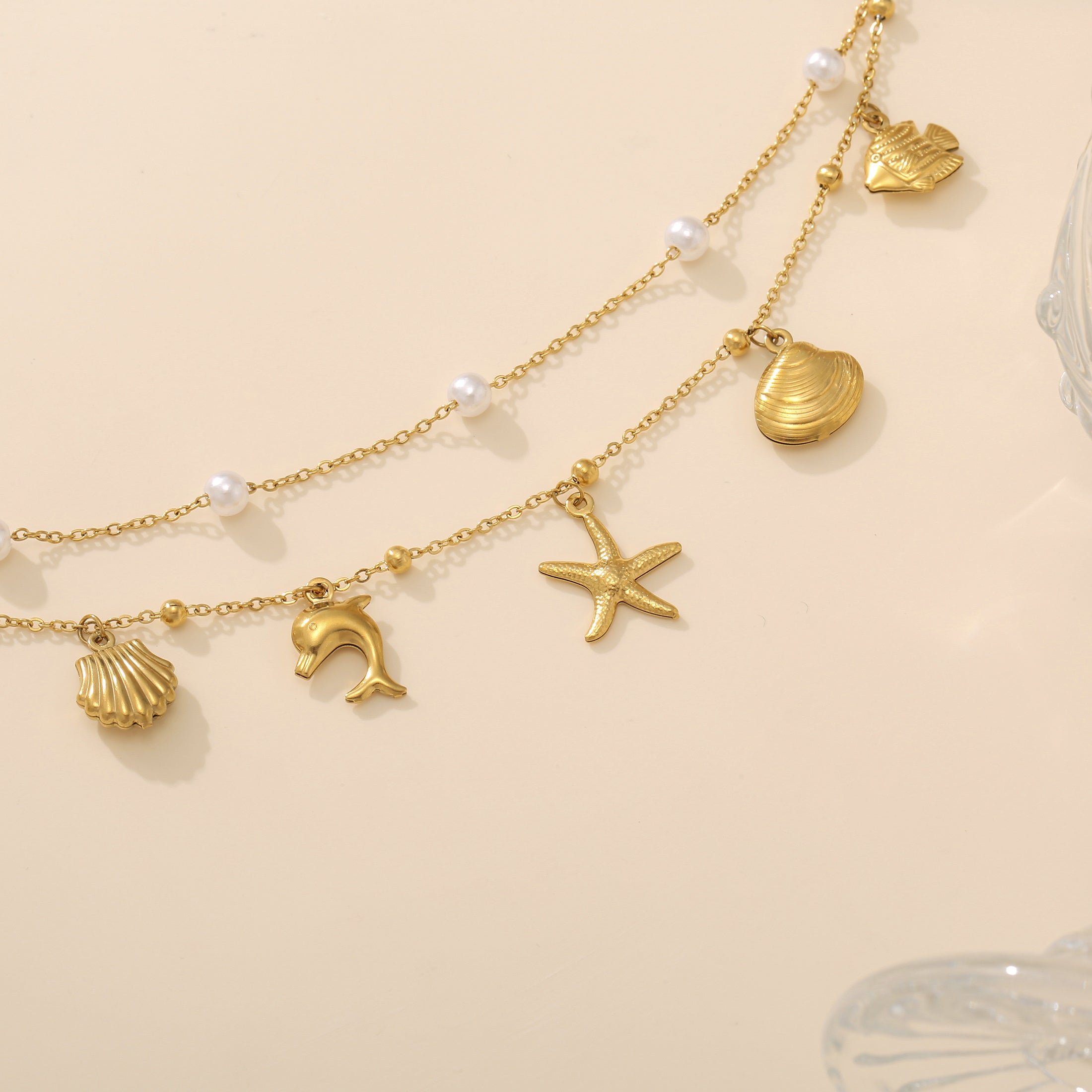 Gold-Tone Layered Anklet with Marine Charms and Pearls