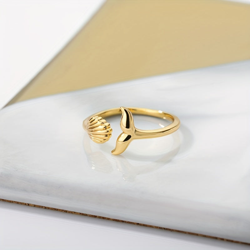 Gold Tone Whale Tail and Scallop Open Ring