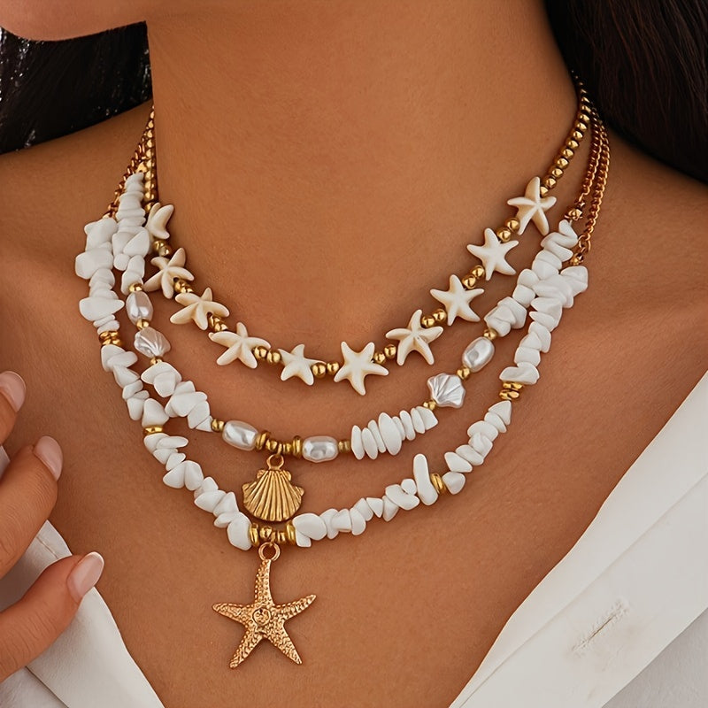 Layered White Shell & Gold Starfish Necklace