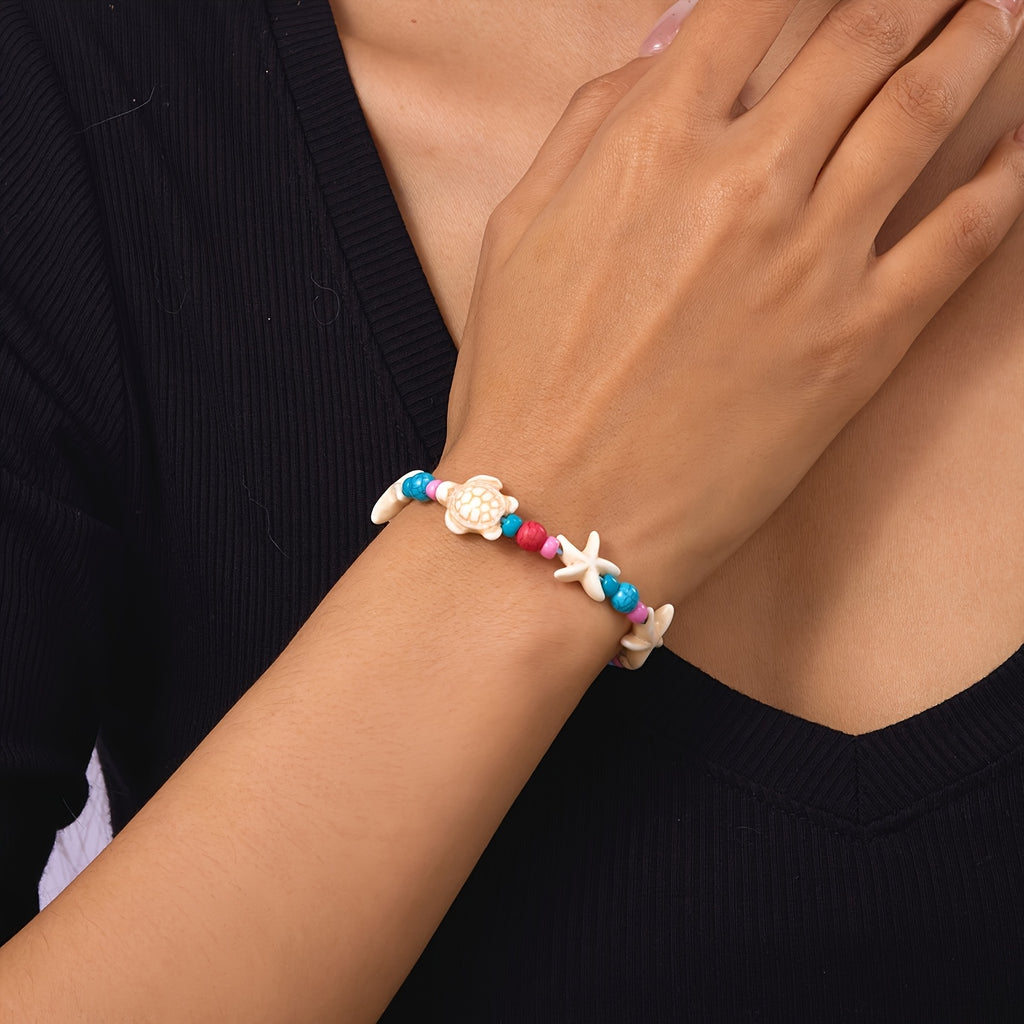Adjustable Blue Cord Beach Bracelet with Starfish & Turtle
