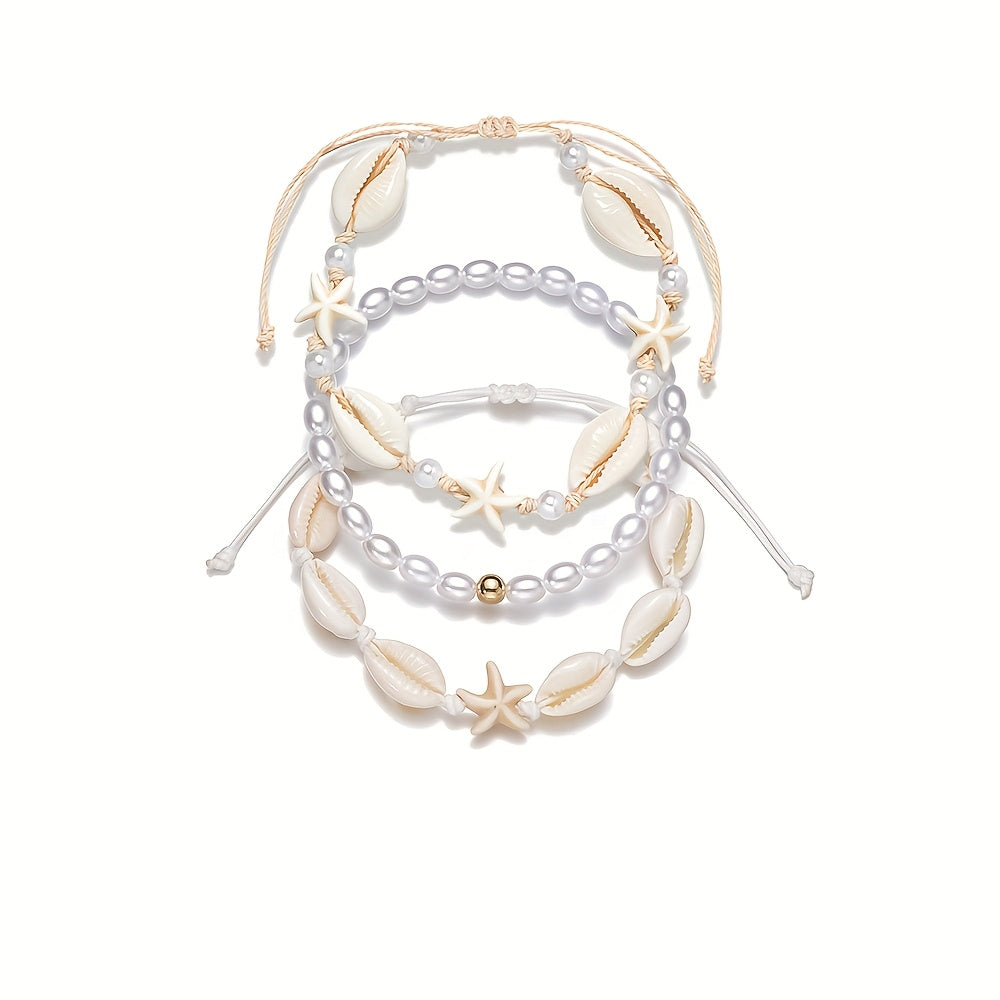 Bohemian Layered White Shell and Pearl Anklets