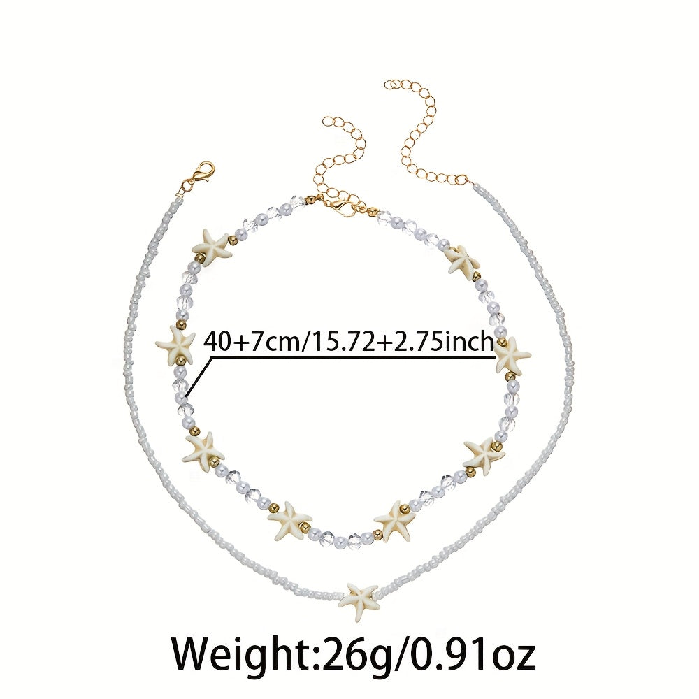 White Beaded Layered Choker with Starfish Charms