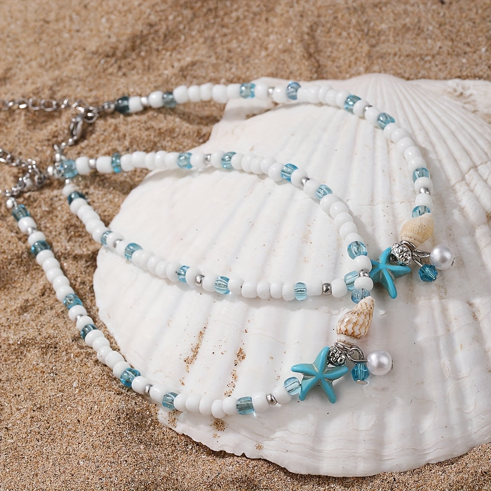 Double Layered Blue White Starfish Shell Anklet