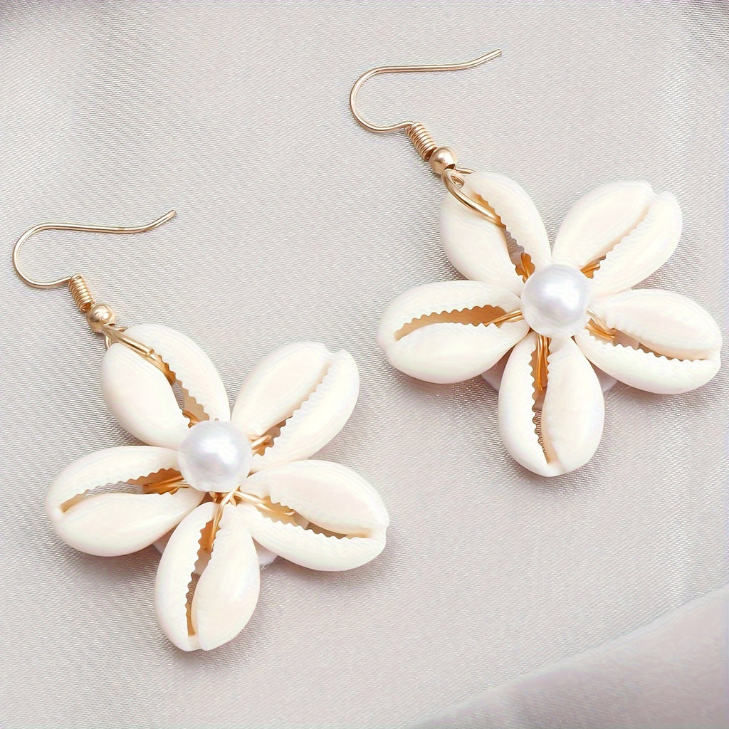 Bohemian Shell Flower Drop Earrings with Pearl
