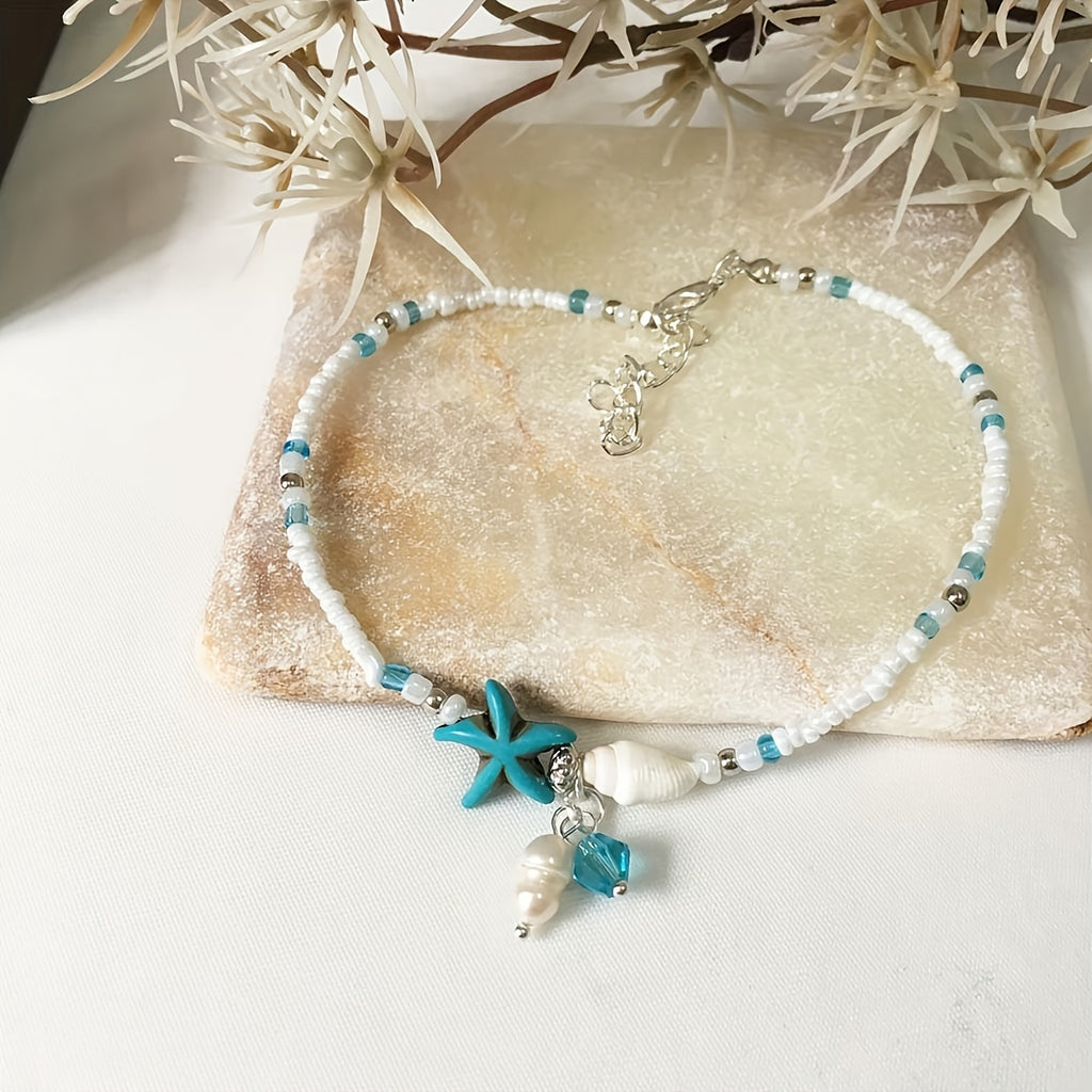 Beach Anklet with Turquoise Starfish and Pearl