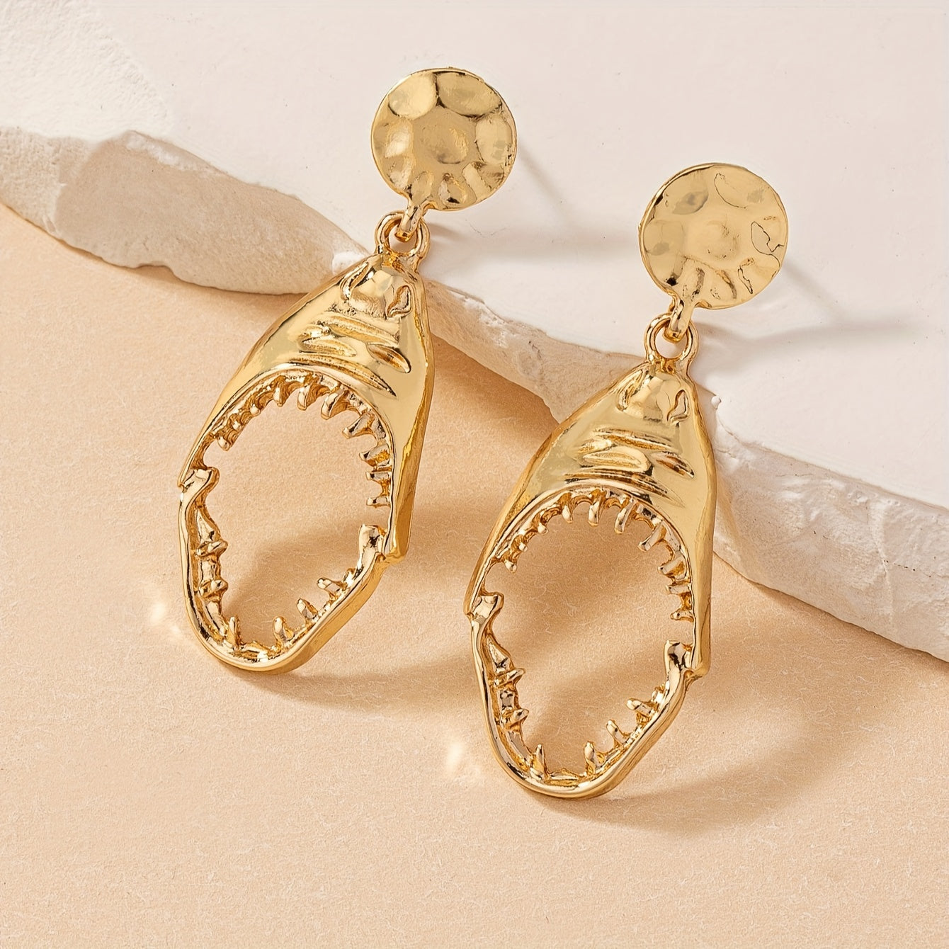 Gold Shark Jaw Drop Earrings with Hammered Disc