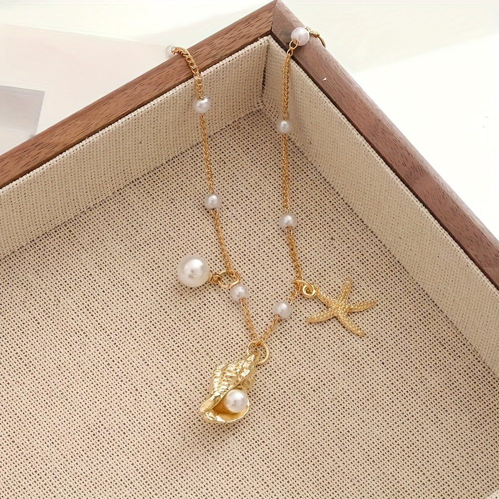 Beachy Gold Tone Anklet with Starfish & Pearl Charms