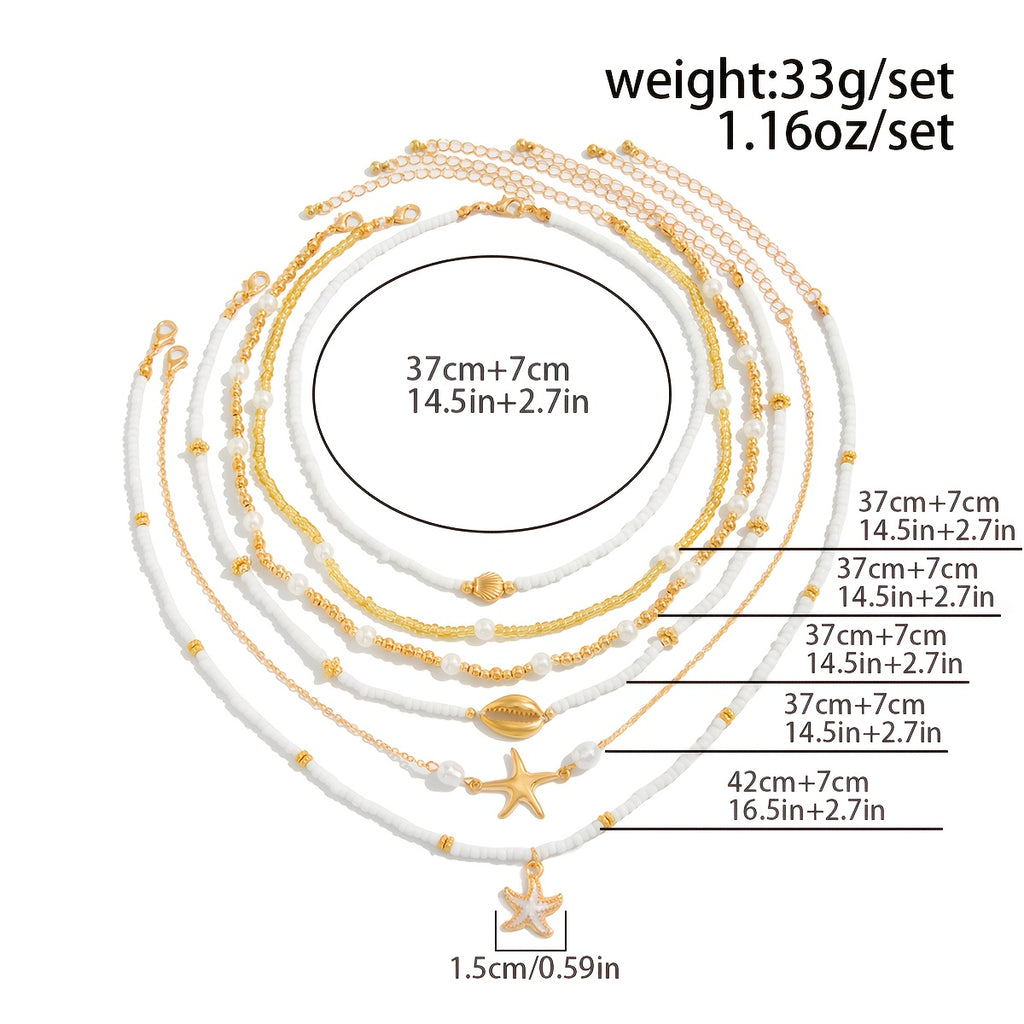 Bohemian Layered Necklace Set with Starfish & Shells