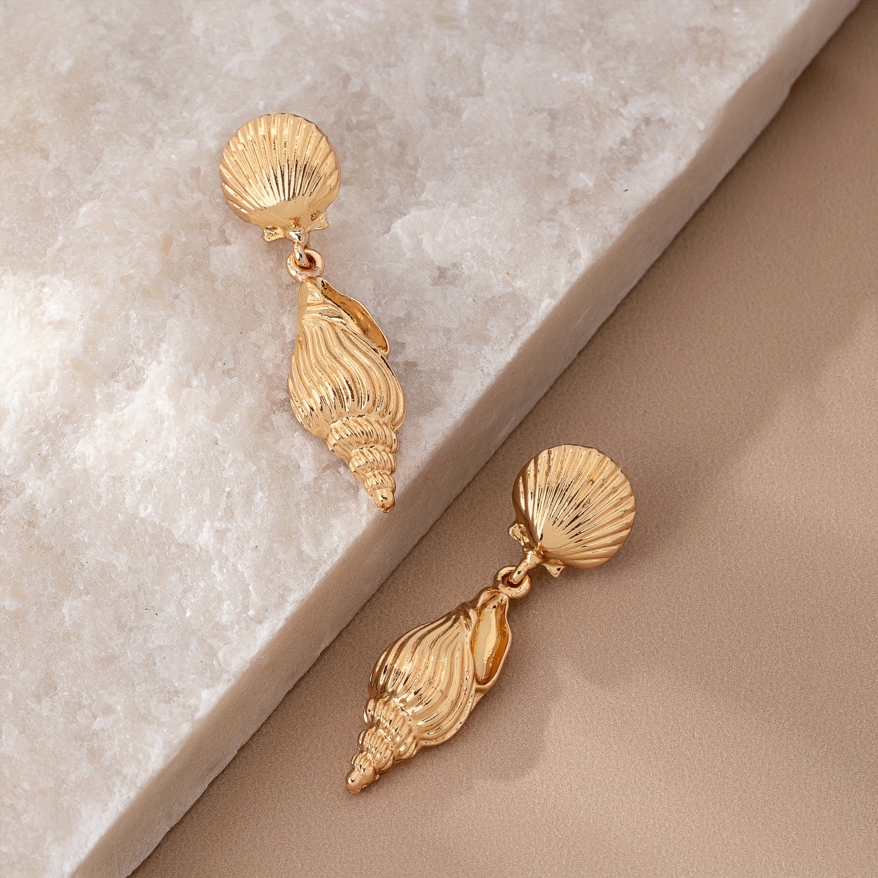 Gold Tone Scallop & Conch Drop Earrings