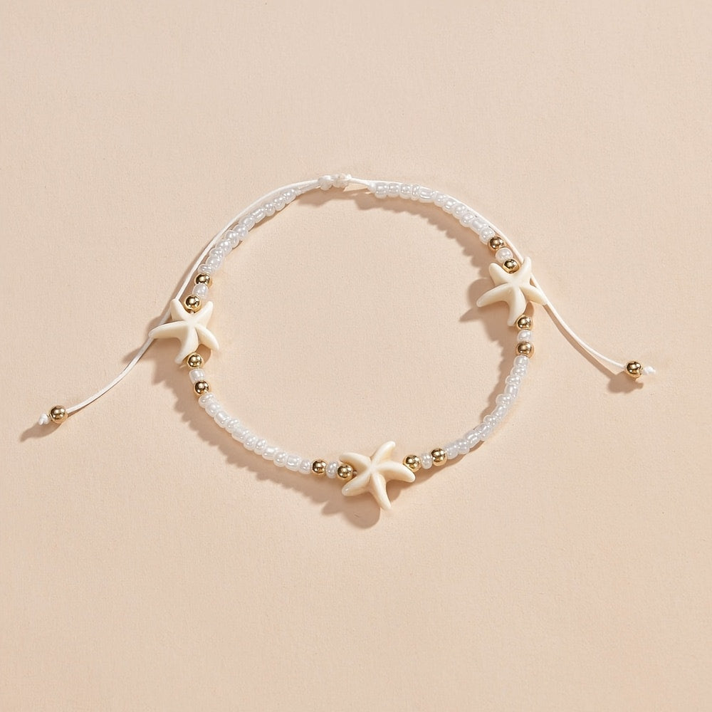 Adjustable White Bead Starfish Charm Gold Bracelet