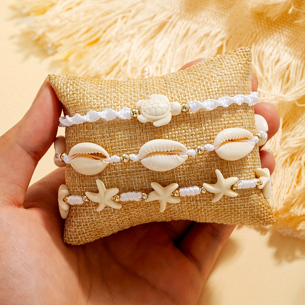 Bohemian White Woven Bracelet Set with Beach Charms