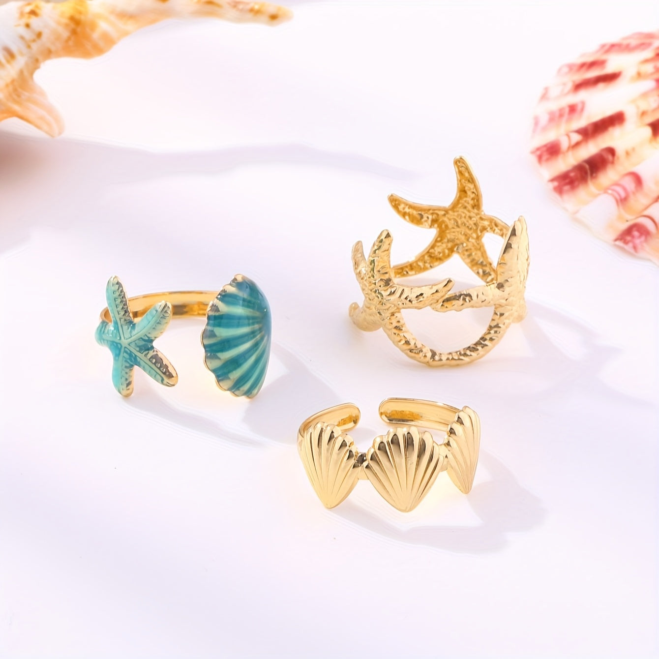 Gold-Tone Stackable Ocean Ring Set with Enamel