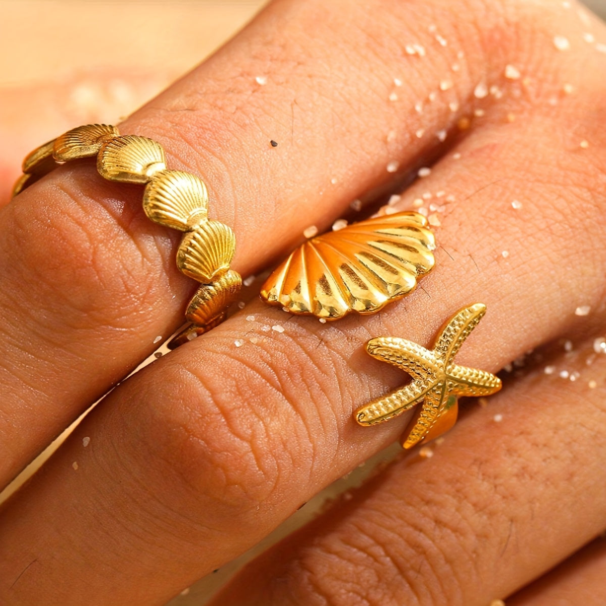 Adjustable Gold-Tone Sea Shell Starfish Rings
