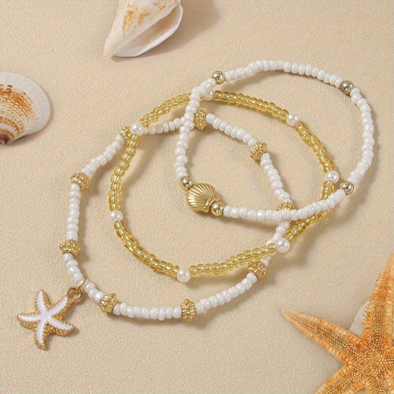 Gold & White Starfish & Shell Beaded Bracelets