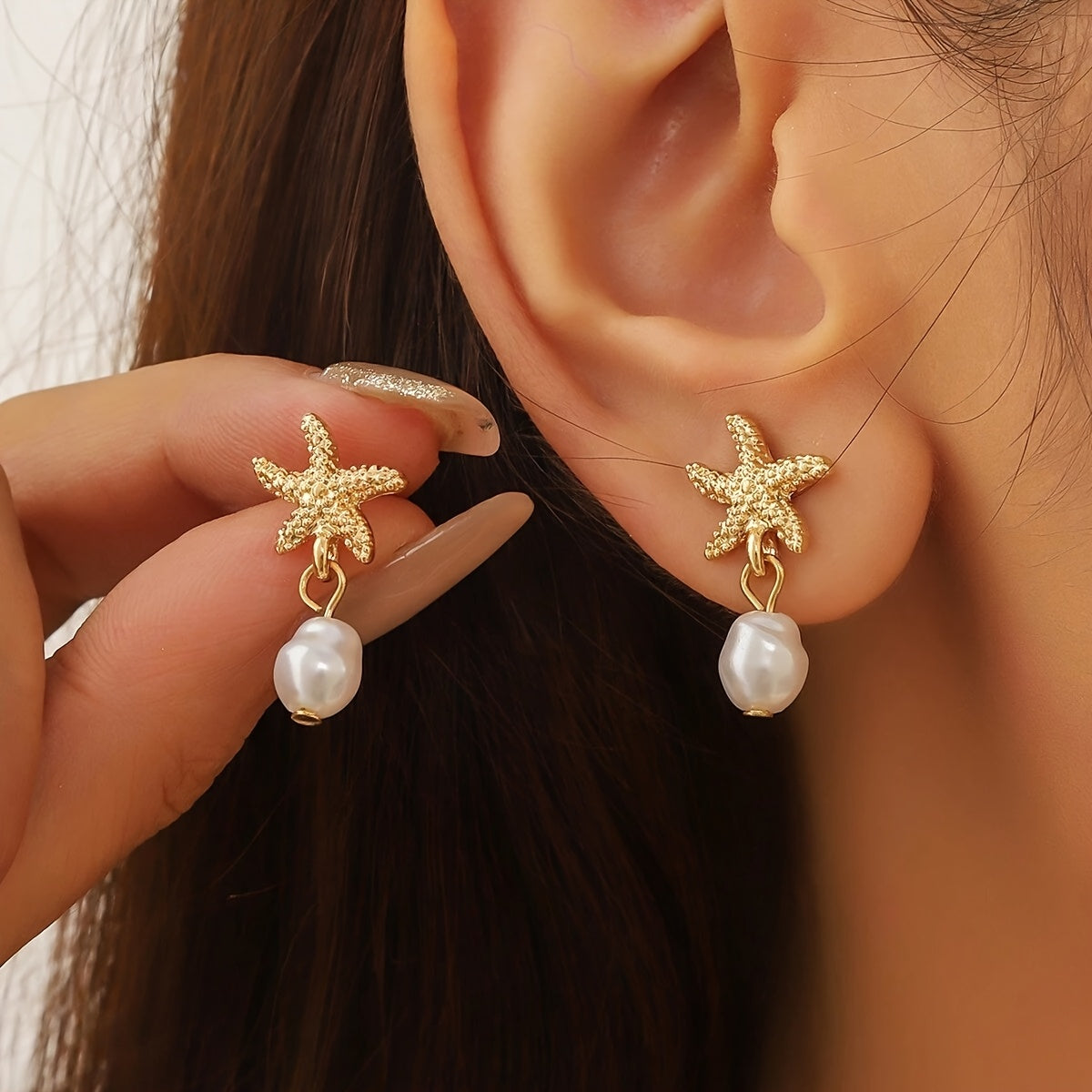 Gold Starfish Pearl Drop Dangle Earrings