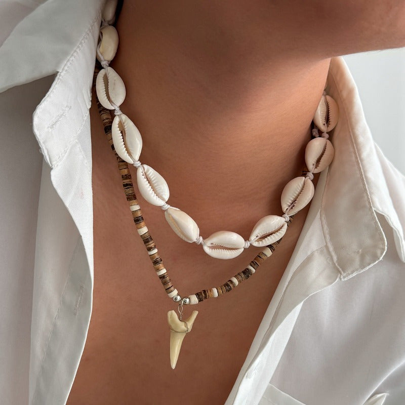 Bohemian Layered Necklace with Shells & Shark Tooth