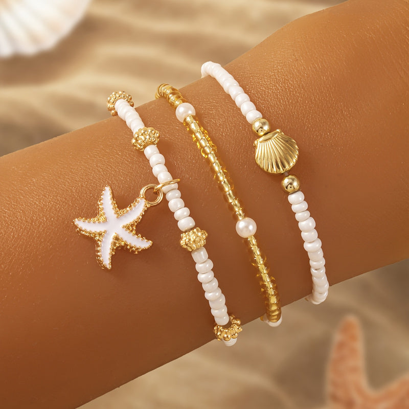 Gold & White Starfish & Shell Beaded Bracelets