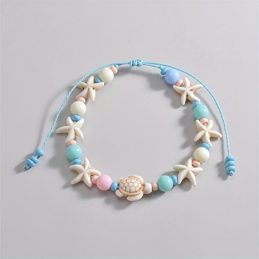 Beachy Starfish Turtle Anklet with Pastel Beads