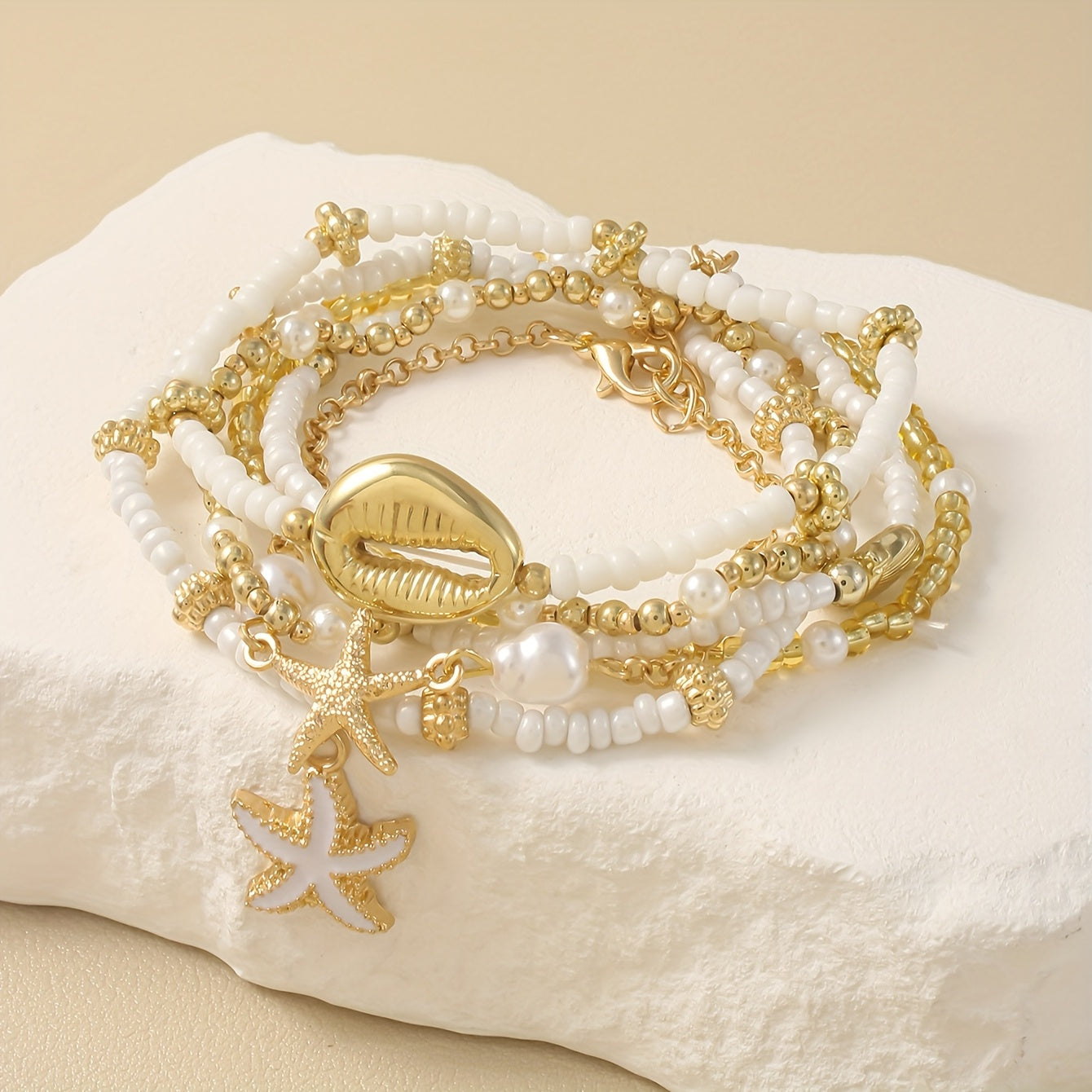 Boho Gold-Tone Beach Bracelets with Shell Charms