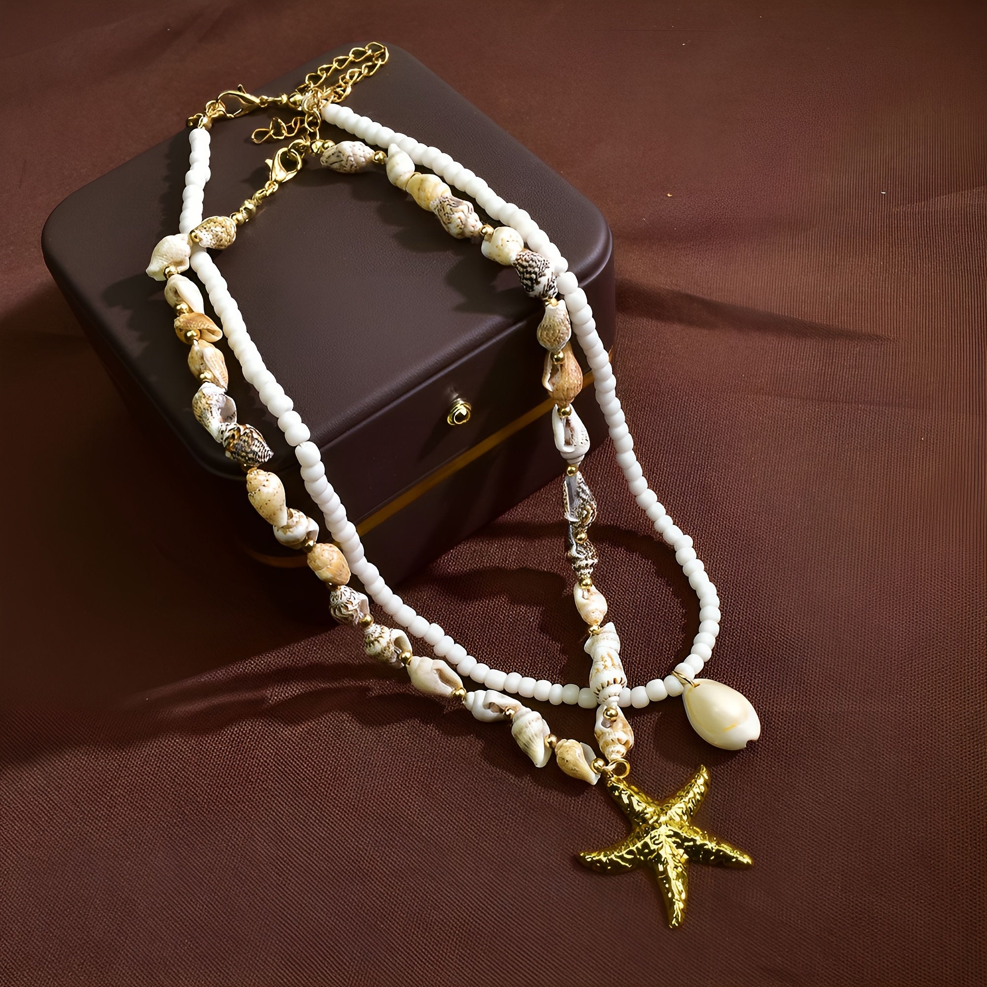 Bohemian Layered Shell Necklace with Gold Starfish