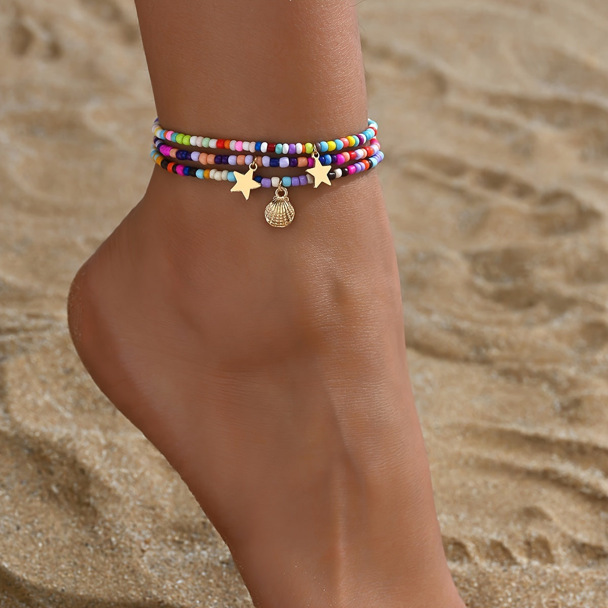 Colorful Beaded Layered Anklet with Star & Shell