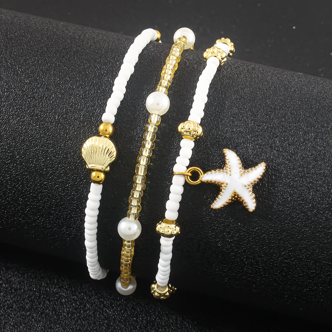 Boho White & Gold Layered Anklet with Starfish