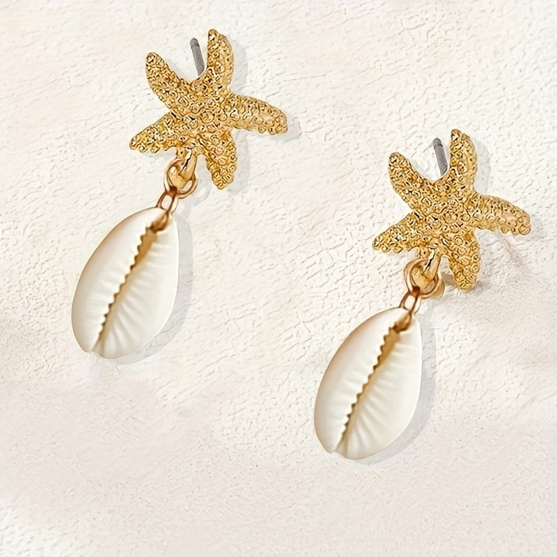 Gold Starfish and Cowrie Shell Dangle Earrings
