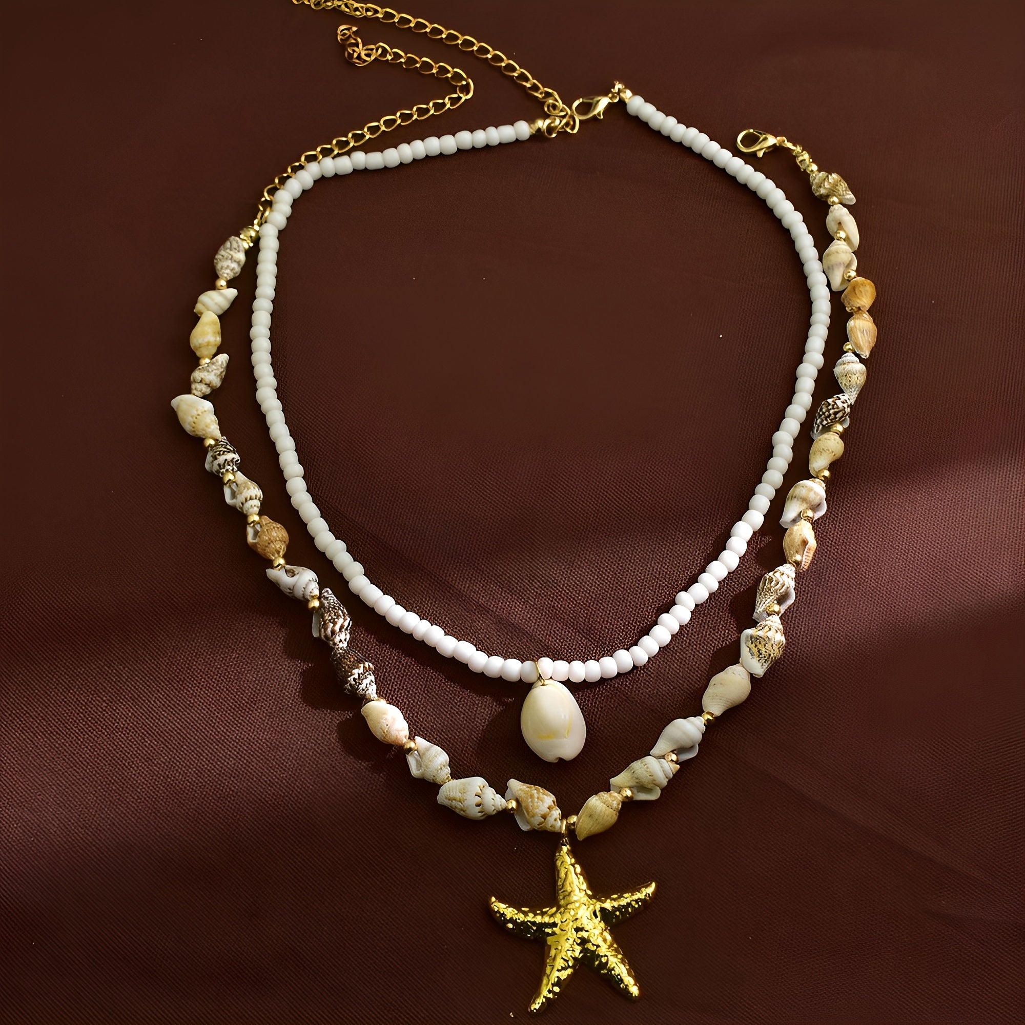 Bohemian Layered Shell Necklace with Gold Starfish