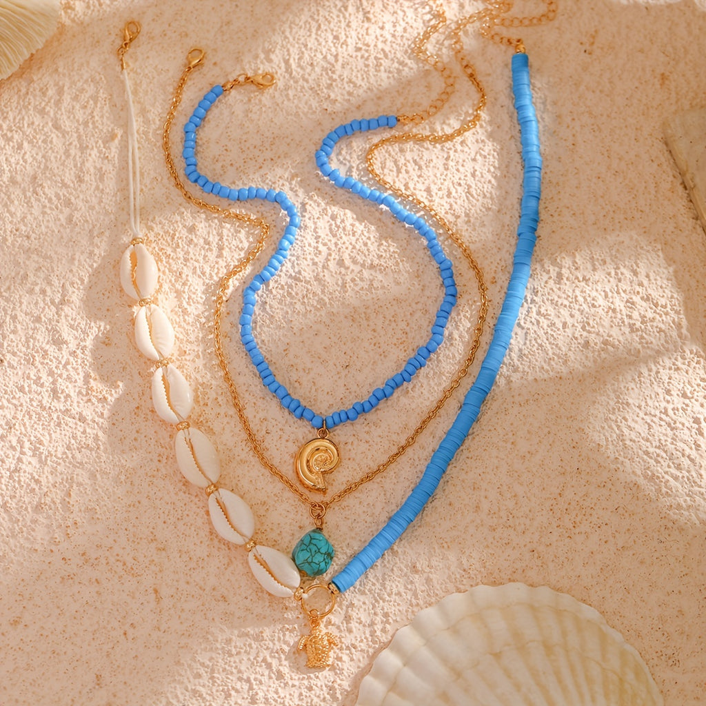 Bohemian Blue Layered Necklace with Cowrie Shells, Turtle
