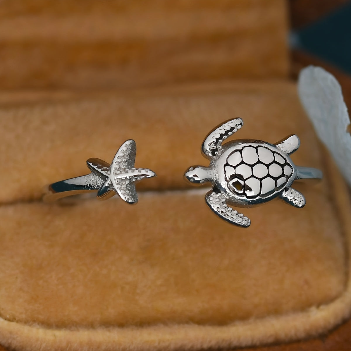 Adjustable Sea Turtle and Starfish Silver Ring