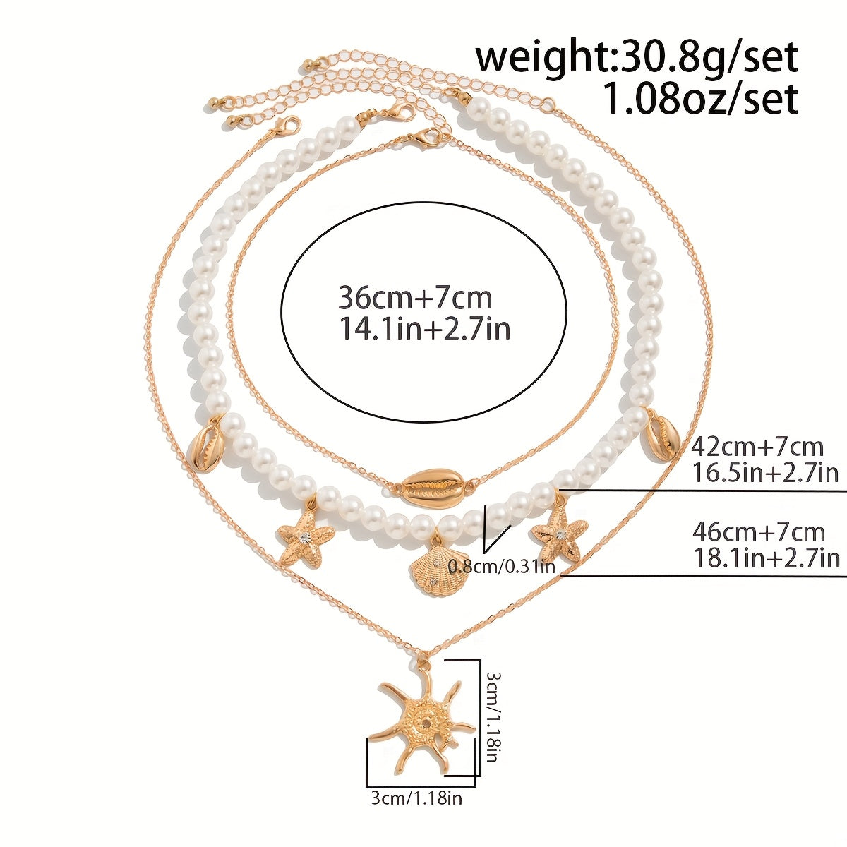 Bohemian Layered Pearl Necklace with Gold Sea Charms