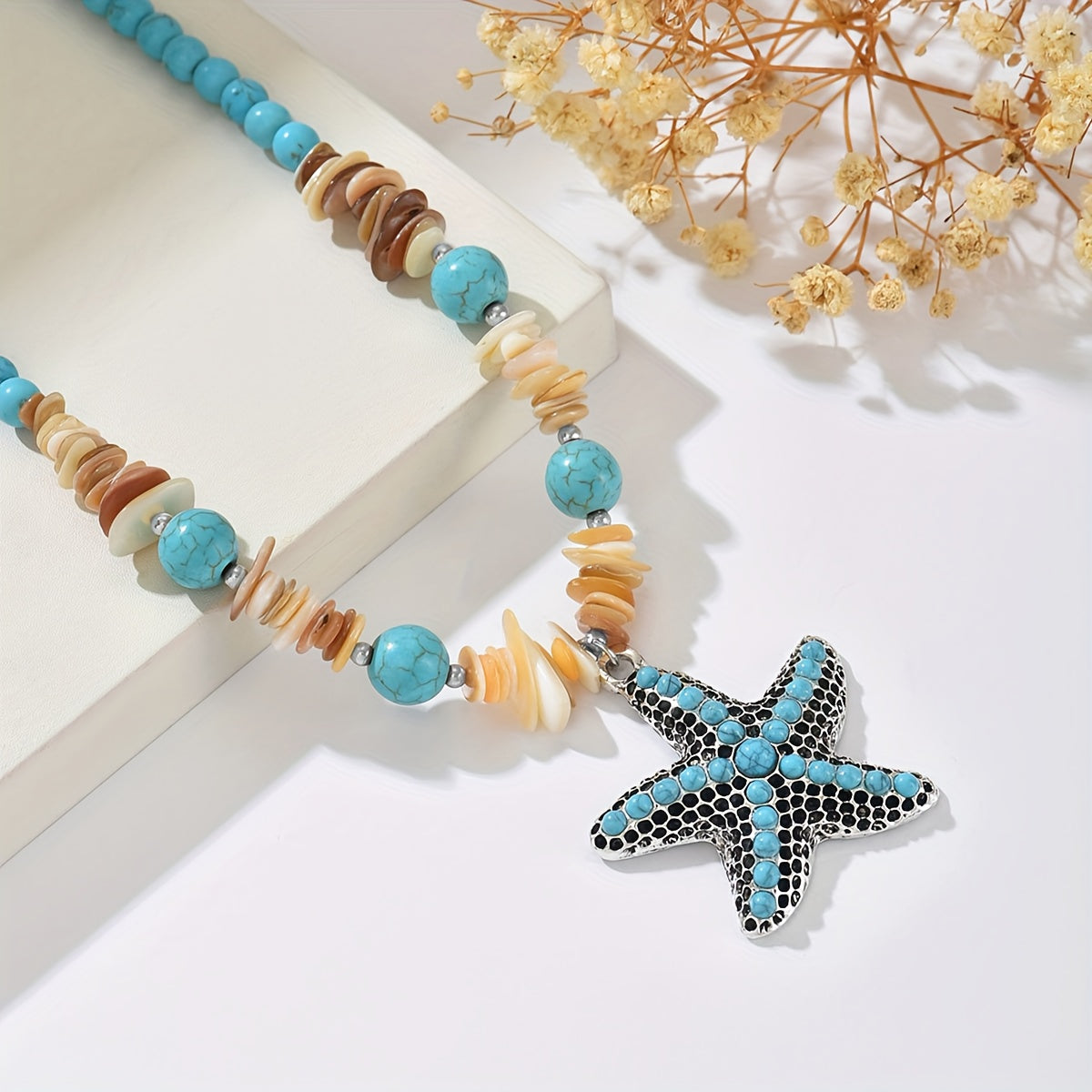 Bohemian Turquoise Starfish and Shell Chip Necklace
