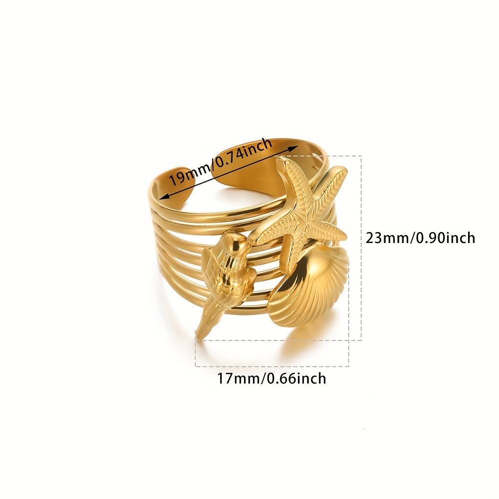 Gold-Tone Wide Band Seashell Starfish Ring