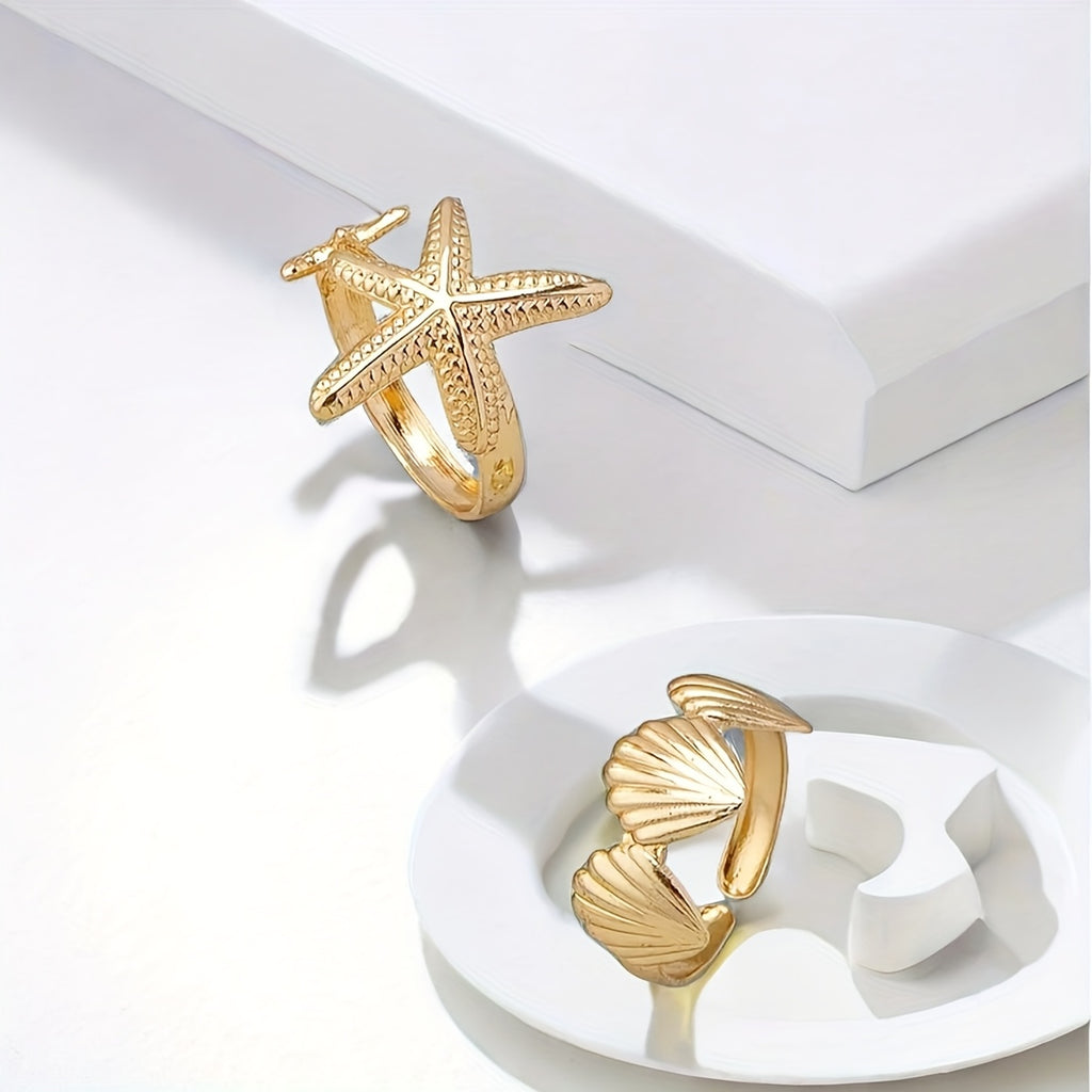 Adjustable Gold Tone Starfish & Shell Rings