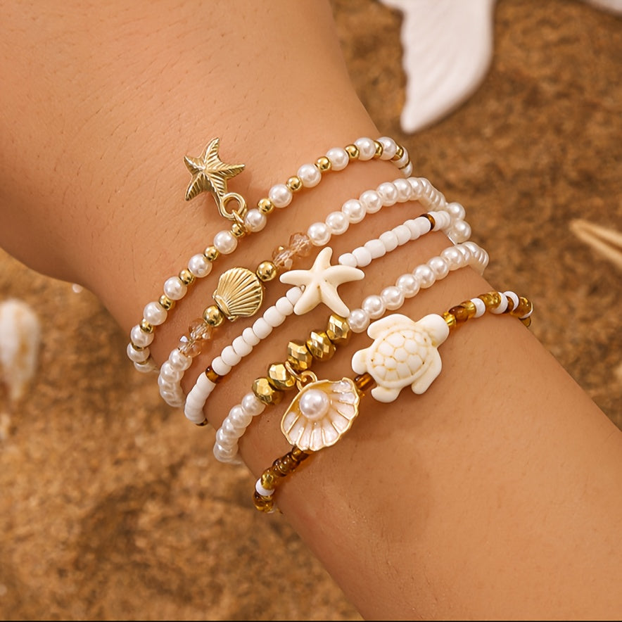 Boho White Pearl & Gold Sea Charm Stacked Bracelets