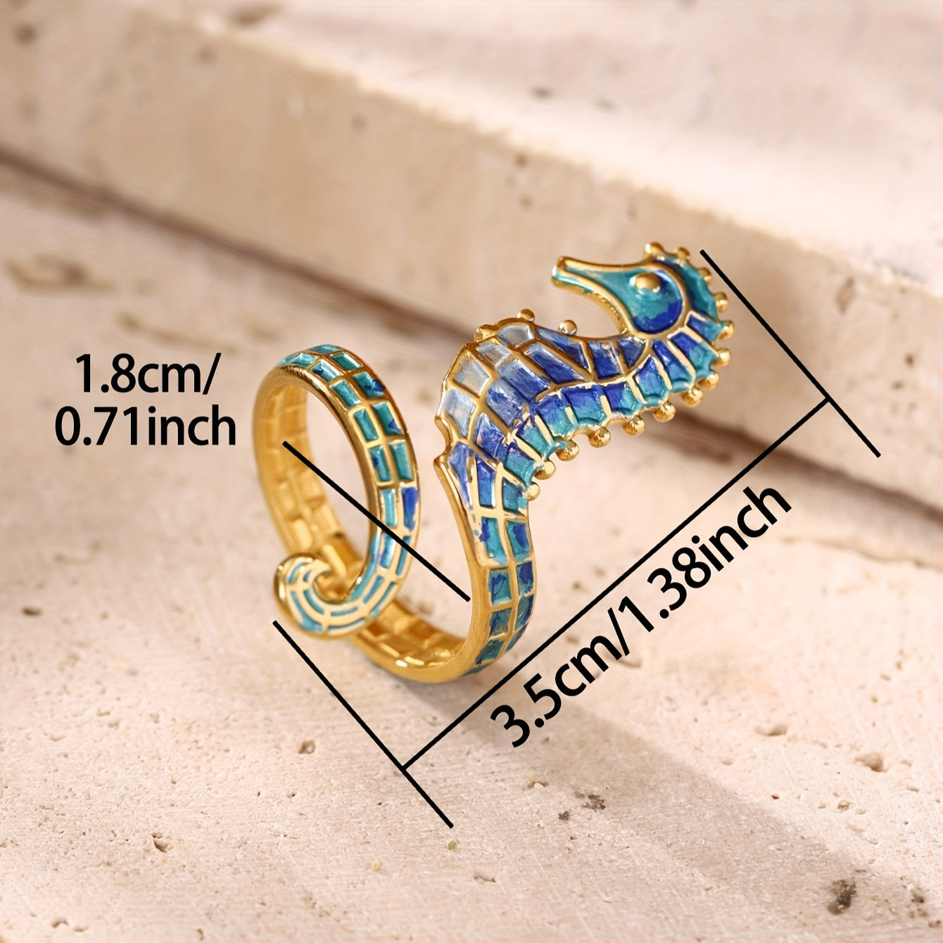 Gold-Tone Seahorse Wrap Ring with Blue Enamel