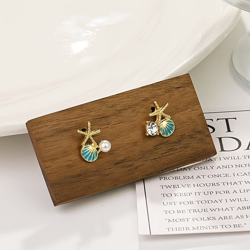 Asymmetric Starfish Shell Earrings with Pearl & CZ