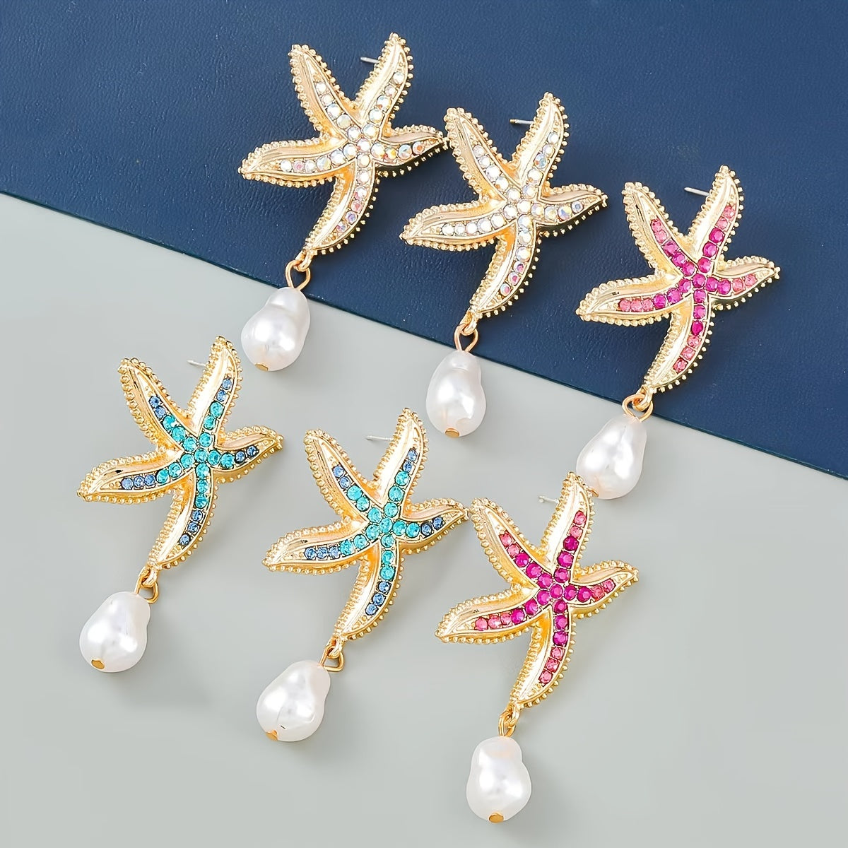 Gold-Tone Starfish Drop Earrings with Rhinestones & Pearl