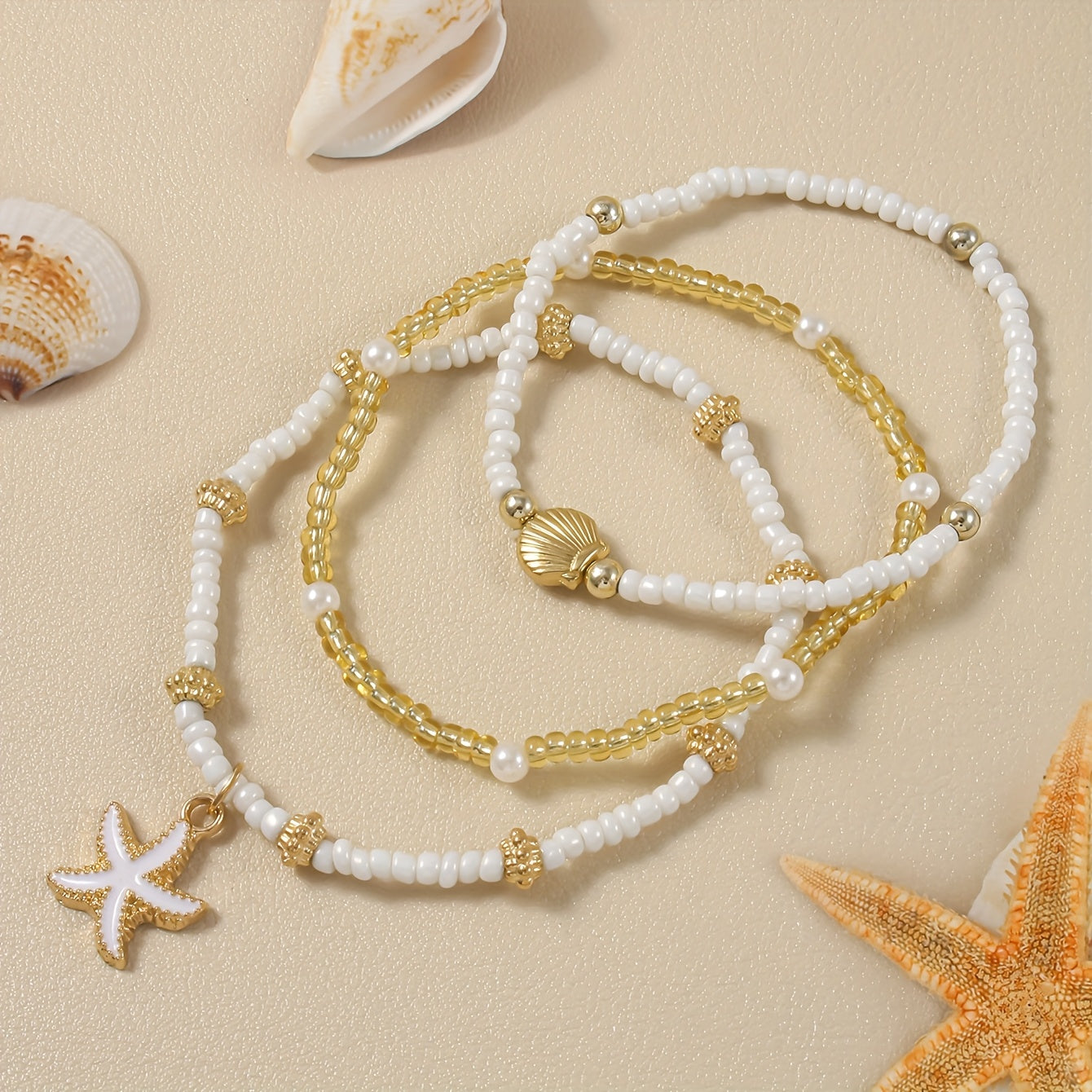 Beachy White Gold Beaded Anklet Set with Starfish