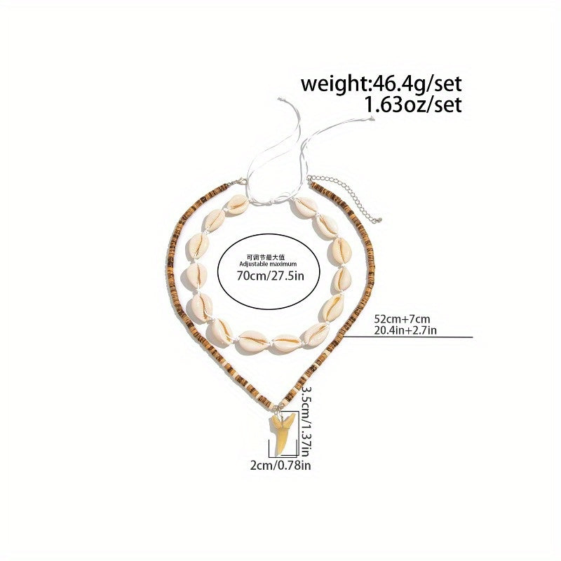 Bohemian Layered Necklace with Shells & Shark Tooth