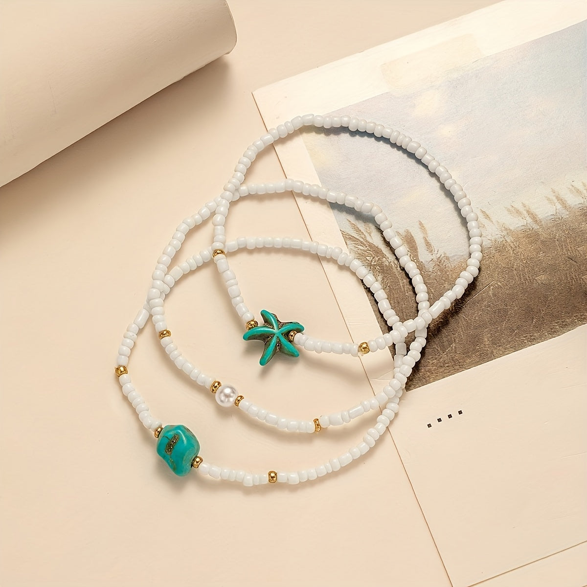 Boho Beaded Anklet Set with Starfish Charm