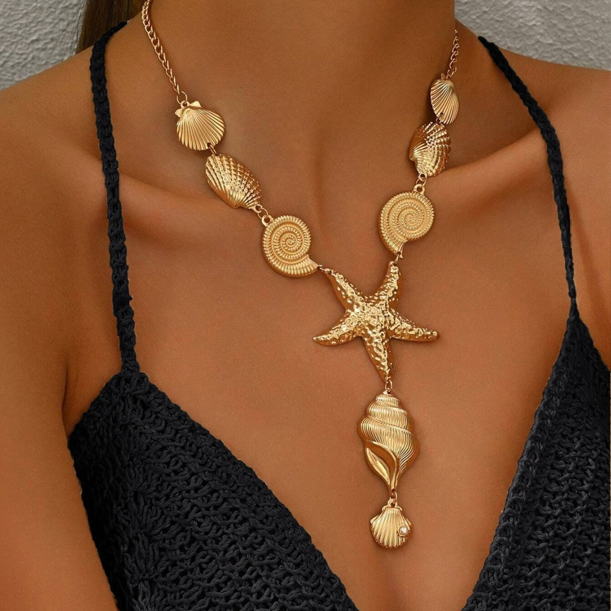 Gold-Tone Seashell Starfish Pendant Necklace