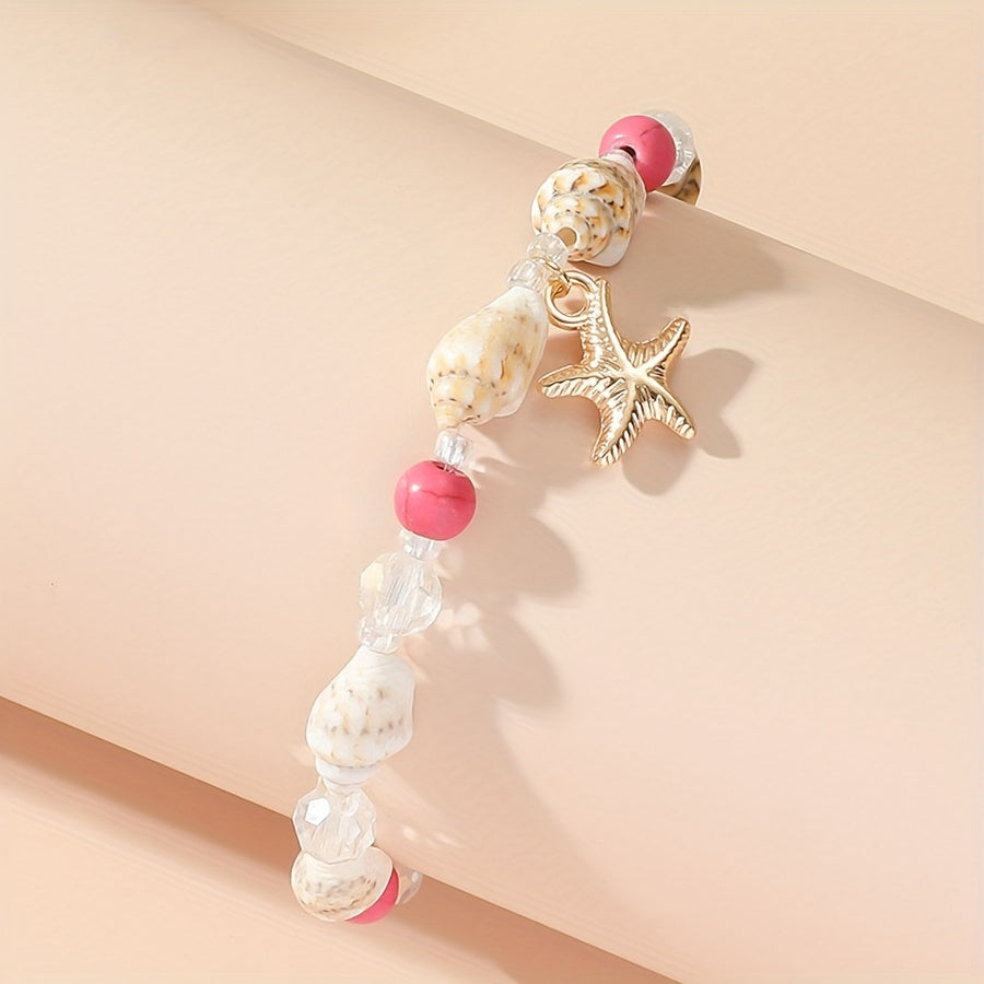 Coastal Shell & Turquoise Beaded Bracelet with Starfish Charm