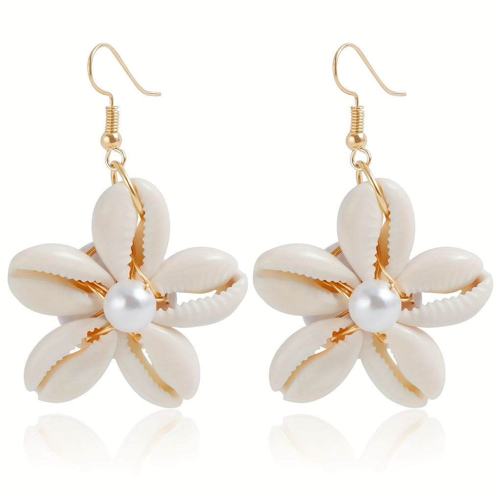 Bohemian Shell Flower Drop Earrings with Pearl