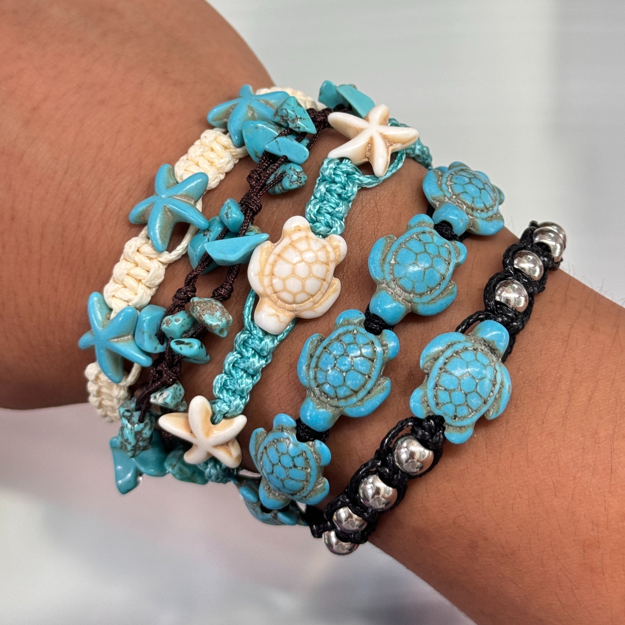 Turquoise Turtle & Starfish Beaded Bracelets Set